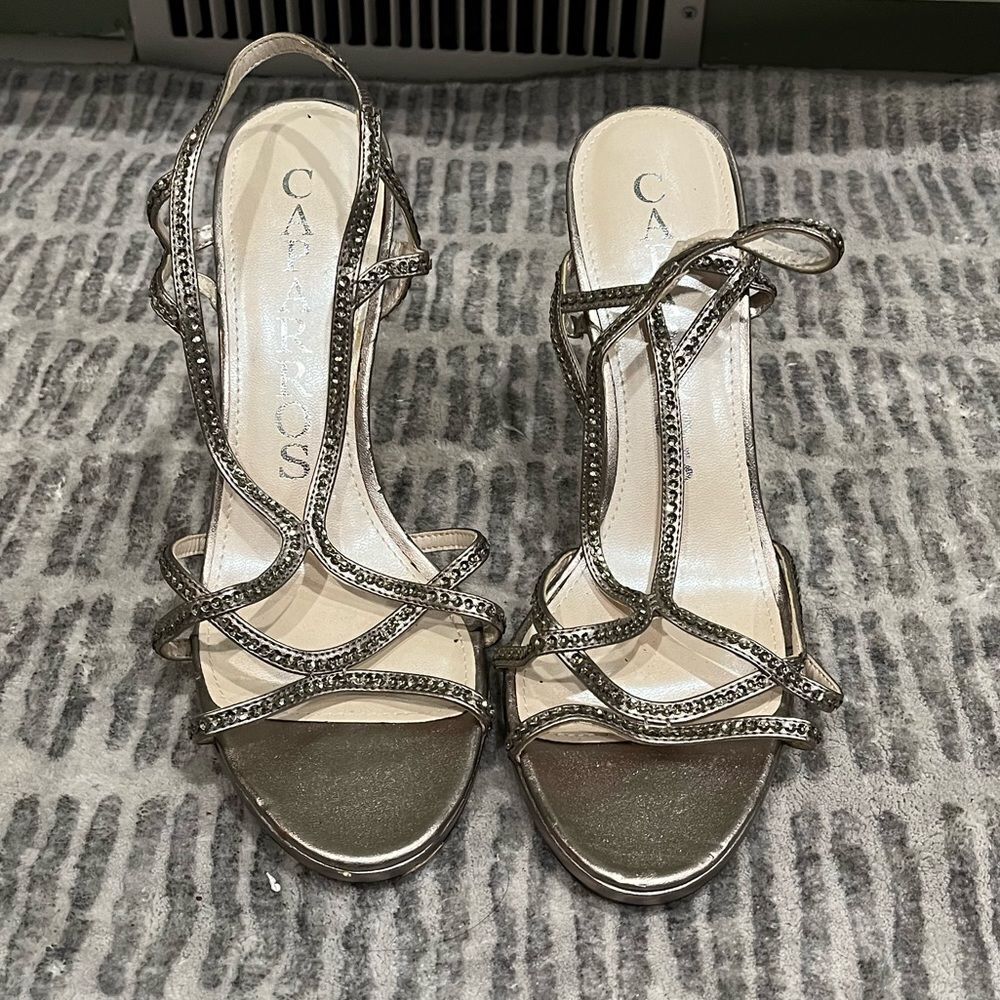 Caparros Stiletto Rhinestone Strappy High Heels Leather Silver Tone Size 9.5 B